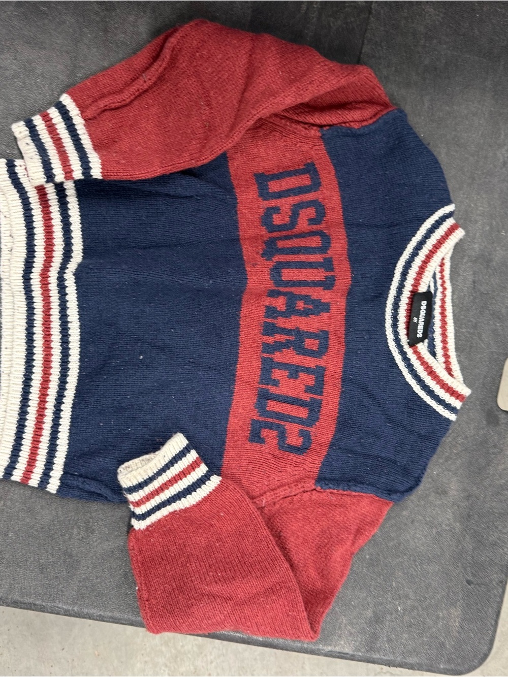 DSQUARED2 Navy and Red Crewneck Logo Knit Sweater